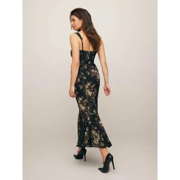 Reformation Irisa Black Floral Midi Dress Size 8 Ruffle Hem Lace Trim Grand Dame - Picture 6 of 16